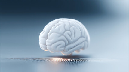 Artificial brain model floating over circuit board surface, concept of artificial intelligence, innovation and digital future with copy space.