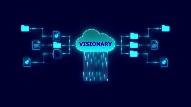 Digital Cloud Network with Folders and Documents Connected by Lines and Labeled VISIONARY data