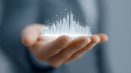 Human hand presenting floating holographic data city model, concept of innovation, smart technology and digital progress.