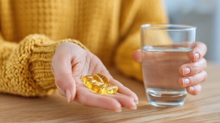 A person with a yellow sweater holds several golden capsules in one hand while having a glass of water nearby on a wooden table. This scene shows a focus on health and wellness