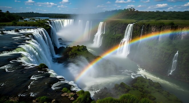 Majestic Iguazu Falls with Rainbow Displaying Natural Beauty and Power. - Powered by Adobe