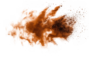 A dynamic burst of orange powder creates an abstract cloud against a white background. suggesting energy and movement. ideal for artistic or creative projects