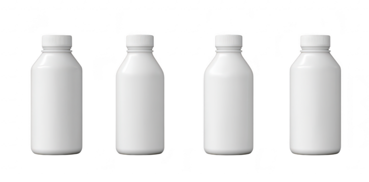 A clean and minimalistic arrangement of four identical white bottles standing in a row against a plain background. ideal for product or packaging design concepts