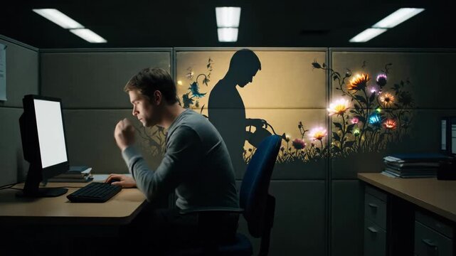 Man working at a computer in a dimly lit office cubicle, his shadow projecting on the wall as a figure watering glowing flowers, symbolizing creativity, growth, and daydreaming during work