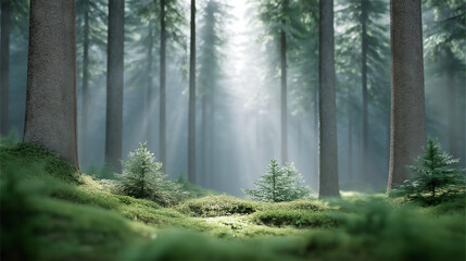 Obraz premium Sunlight streaming through tall green forest with mist, creating peaceful and natural atmosphere.