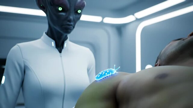 Alien humanoid doctor in a futuristic laboratory carefully applying a glowing blue medical device to the bare shoulder of a prone human man for healing or advanced treatment