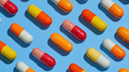 Multiple capsules in various colors are neatly arranged on a light blue surface. The vibrant display showcases different shapes and shades, reflecting the world of pharmaceuticals