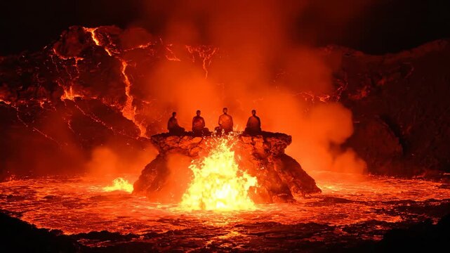 Monks are sitting in a meditative pose on a small rock island, immersed in spiritual contemplation surrounded by a dramatic, glowing current of molten lava and smoke in a surreal, hellish landscape