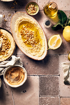 hummus and miso paste with pine nuts