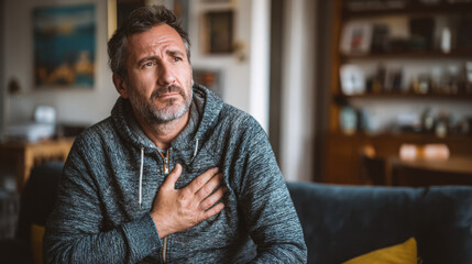 Fototapeta premium Concerned man clutching his chest, possibly experiencing chest pain or related health concerns.