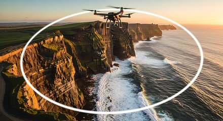 Drone soars over dramatic cliffs at sunset, capturing coastal beauty.