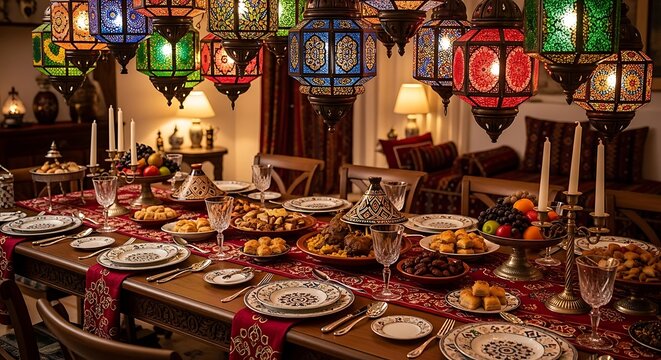 Festive Ramadan Iftar Table Setting with Lanterns. - Powered by Adobe