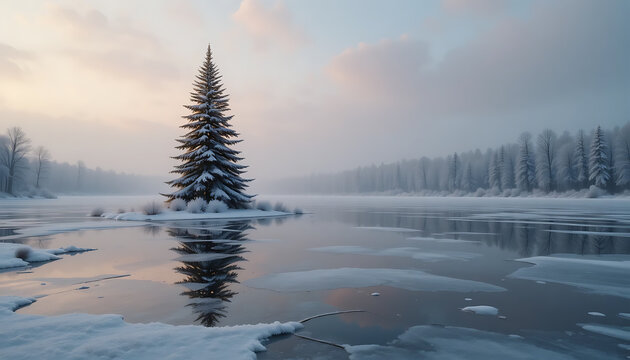 Snowy Pine Tree Standing Near Frozen Lake During Winter Sunrise