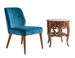A teal velvet chair beside a round table with carved details