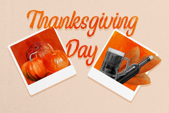 Trend artwork banner sketch 3d photo collage of image thanksgiving day pumpkin autumn harvest beer glass bottle celebration - Powered by Adobe