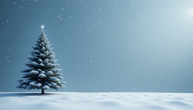 Snowy Christmas Tree in Winter Landscape with Falling Snow and Bright Sky