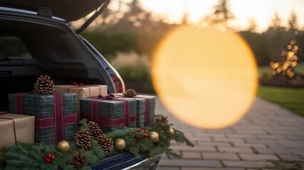 Car trunk filled with holiday gifts and garland ready for celebration outdoors during golden hour - Powered by Adobe
