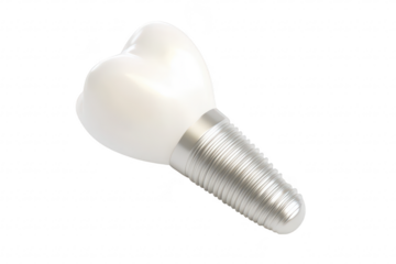 A close-up view of a dental implant its shiny metallic screw and realistic tooth-like crown. set against a clean. white background. ideal for dental health and cosmetic dentistry references