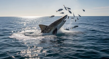 Fototapeta premium Great White Shark Breaching the Ocean Surface with Fish.