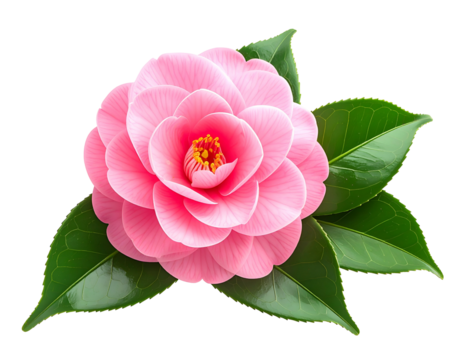 A vibrant pink flower with multiple layers of petals, surrounded by shiny green leaves