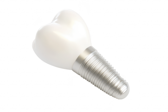 A close-up view of a dental implant its shiny metallic screw and realistic tooth-like crown. set against a clean. white background. ideal for dental health and cosmetic dentistry references