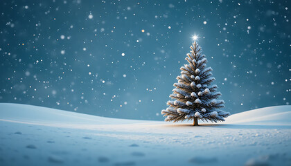 Obraz premium Snowy Christmas Tree Standing in Winter Landscape with Falling Snowflakes
