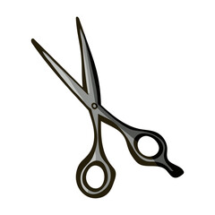 A pair of scissors with a black handle and a silver blade. The scissors are open and ready to be used