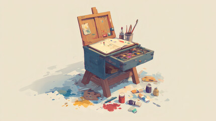 An artist's wooden easel and paint box surrounded by scattered art supplies and colorful splatters.