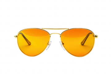 A pair of stylish gold-framed sunglasses with orange lenses displayed against a clean white background. ideal for fashion accessories or summer-themed promotional materials