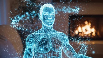 Holographic Human Visualization - This video depicts a wireframe holographic projection of a human body, glowing with blue light. - Powered by Adobe