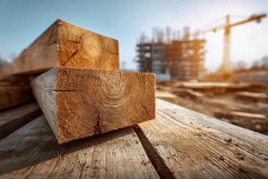 Detailed view of wooden beams stacked on a construction site with a blurred building framework and cranes in the background during golden hour sunlight - Powered by Adobe