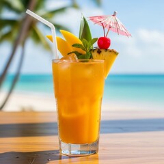 Tropical Mango Cocktail on Beach - Refreshing Summer Vacation Drink.