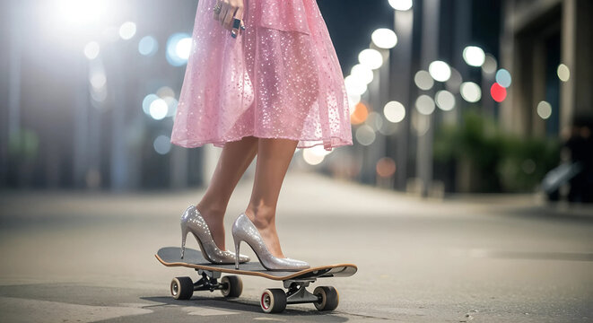 Woman in sparkly pink dress and high heels riding a skateboard at night