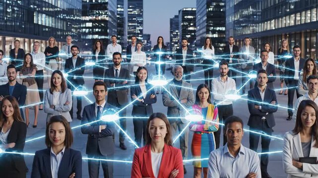 Diverse Business Team Network - A diverse group of business professionals stand together in front of an urban skyline, connected by a glowing network. - Powered by Adobe
