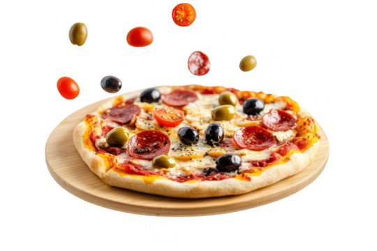 A delicious pepperoni pizza topped with olives and cherry tomatoes. artistically presented on a wooden platter with floating ingredients. perfect for food photography and culinary promotions