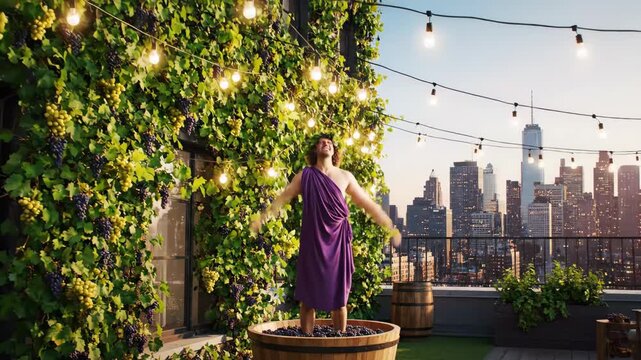 Man dressed in a toga and laurel wreath enthusiastically stomping grapes in a wooden barrel on a green rooftop with the manhattan skyline and one world trade center in the background - Powered by Adobe