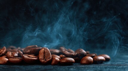 Coffee beans rest on a dark surface, releasing their rich aroma as smoke swirls around them. The moment captures the essence of freshly roasted coffee, inviting warmth