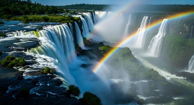 Majestic Iguazu Falls - A Symphony of Water and Light with Rainbow. - Powered by Adobe