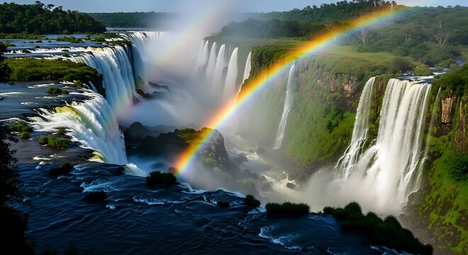 Iguazu Falls - A Majestic Cascade with a Vibrant Rainbow. - Powered by Adobe
