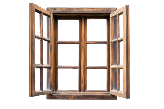 A rustic wooden window with open shutters. a charming view. inviting natural light into a cozy interior space. enhancing the warmth and ambiance of the room