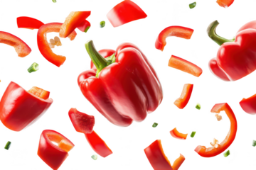A display of red bell peppers in various stages of being sliced. floating against a white background. fresh ingredients ideal for culinary use and food photography
