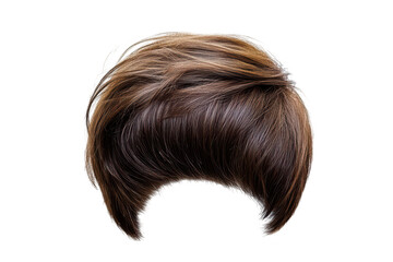 A stylish. voluminous brown wig with layered texture. placed on a white background. its natural flow and shine. ideal for fashion shoots or hair styling tutorials