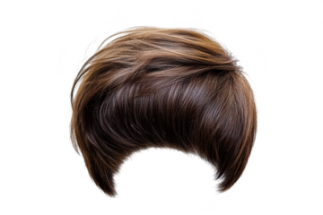A stylish. voluminous brown wig with layered texture. placed on a white background. its natural flow and shine. ideal for fashion shoots or hair styling tutorials