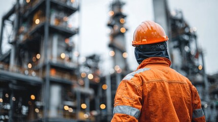 A worker in an orange uniform and helmet watches the activities at an industrial site equipped with tall machinery and bright lights. The scene captures the essence of hard work