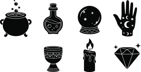 Mystical witchcraft symbols vector illustration with magic potion bottle, cauldron, crystal ball, candle, chalice, gemstone, and palmistry hand design © SreemotiArponaBala