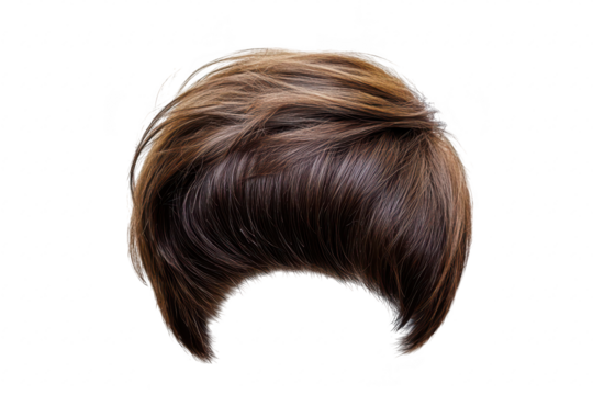 A stylish. voluminous brown wig with layered texture. placed on a white background. its natural flow and shine. ideal for fashion shoots or hair styling tutorials