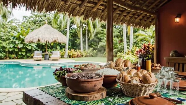 Hearty feijoada steaming in clay pot with rice and salad, inviting culinary delight