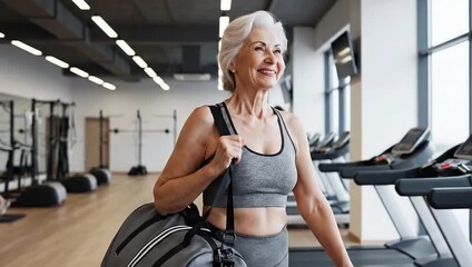 Vibrant senior woman smiling confidently after gym workout, carrying sports bag, fitness motivation