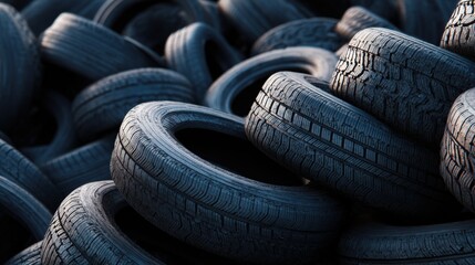 Various used tires are stacked and scattered in a recycling yard. The environment is sunny, showcasing the texture and patterns on the tire surfaces, emphasizing recycling practices