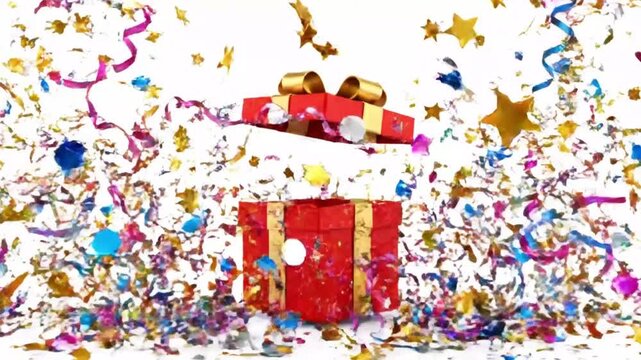 3D animation featuring a glossy red gift box centered on a pure white background; the lid suddenly bursts open to unleash a spectacular explosion of colorful confetti.